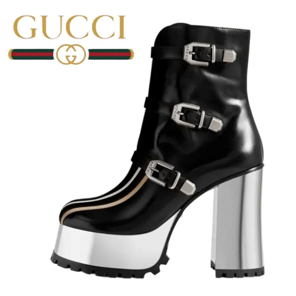 NEW GUCCI AUTHENTICATED ‘EBONY’ PLATFORM LEATHER MOTO BOOTS GUCCI - Picture 10 of 10